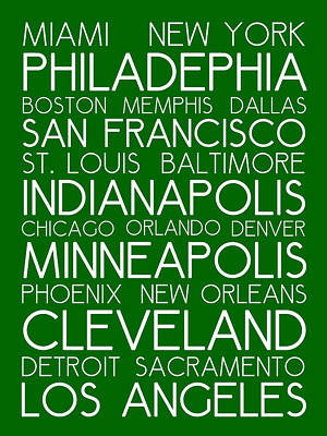 Landmarks Royalty Free Images - American Cities in Bus Roll Destination Map Style Poster - Green  Royalty-Free Image by Celestial Images