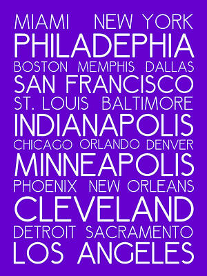 Royalty-Free and Rights-Managed Images - American Cities in Bus Roll Destination Map Style Poster - Purple by Celestial Images