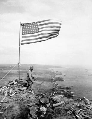 Landmarks Photos - American Flag Flying Over Mount Suribachi - WWII by War Is Hell Store