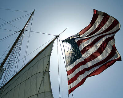 Landmarks Rights Managed Images - American Flag on a Sailing Ship Royalty-Free Image by Derrick Neill