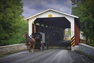 Randall Nyhof Royalty-Free and Rights-Managed Images - Amish Buggy with covered bridge by Randall Nyhof