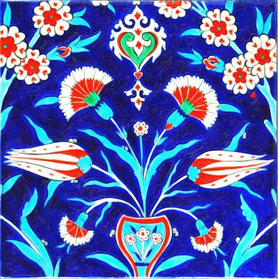 Floral Royalty-Free and Rights-Managed Images - An Ottoman Iznik style floral design pottery polychrome, by Adam Asar, No 48L painting by Celestial Images