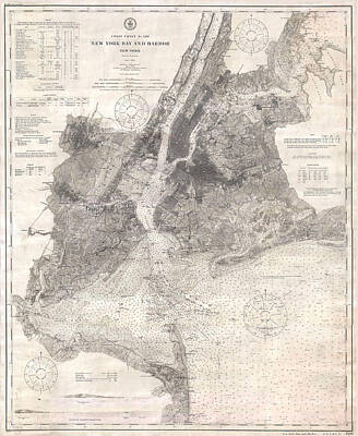 Cities Drawings - Antique Maps - Old Cartographic maps - Antique Map of New York Bay and Harbor, 1910 by Studio Grafiikka