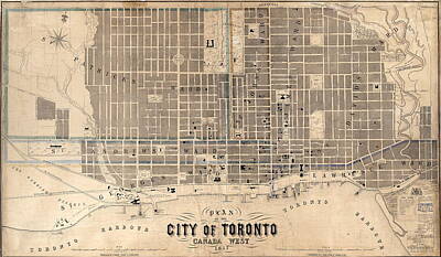 Best Sellers - City Scenes Drawings - Antique Maps - Old Cartographic maps - Antique Map of the City of Toronto, Canada, 1857 by Studio Grafiikka