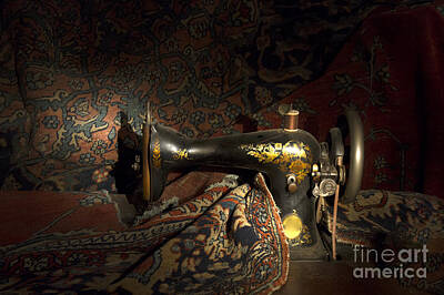 Shark Art - Antique sewing machine with tapestry by Karen Foley