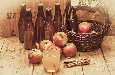 Food And Beverage Photos - Apples Cider By Wicker Basket On Wooden Table by Jorgo Photography