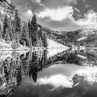Landscapes Royalty Free Images - Aspen Colorado Maroon Bell Landscape Reflections 1x1 Black and White Royalty-Free Image by Gregory Ballos