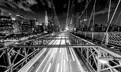 Cities Rights Managed Images - Atop the Brooklyn Bridge at Night BW Royalty-Free Image by Roy Tang