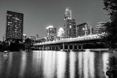 Skylines Photos - Austin City Skyline and Congress Bridge in Black and White by Gregory Ballos