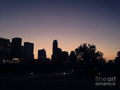 Felipe Adan Lerma Royalty-Free and Rights-Managed Images - Austin Skyline Sunrise Into A Crescent Moon by Felipe Adan Lerma