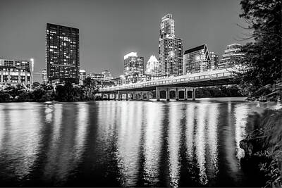 Skylines Royalty-Free and Rights-Managed Images - Austin Texas Downtown Skyline at Night on the Colorado River - Black and White Edition by Gregory Ballos