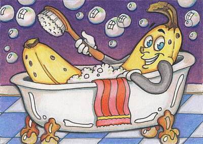 Comics Drawings - Banana Bubble Bath by Amy S Turner