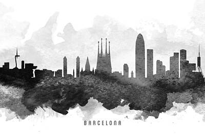 Skylines Paintings - Barcelona Cityscape 11 by Aged Pixel