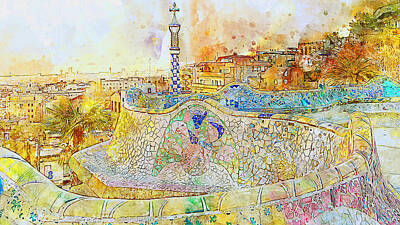 Comedian Drawings - Barcelona, Parc Guell - 08 by AM FineArtPrints