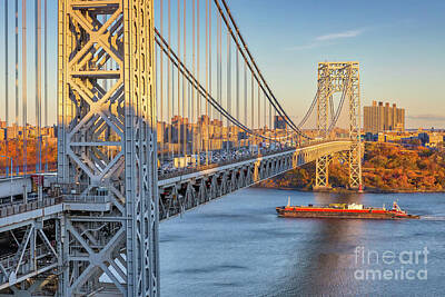 Politicians Photo Royalty Free Images - Barge Passing Under the GWB Royalty-Free Image by Jerry Fornarotto