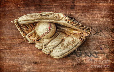 Baseball Photos - Baseball Glove and BaseBall on Wood by Randy Steele