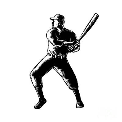 Baseball Digital Art - Baseball Player Batting Woodcut Black and White by Aloysius Patrimonio