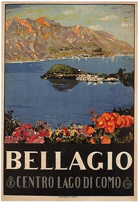 Coffee Signs - Bellagio, Italy - Centro Lago Di Como - Retro travel Poster - Vintage Poster by Studio Grafiikka