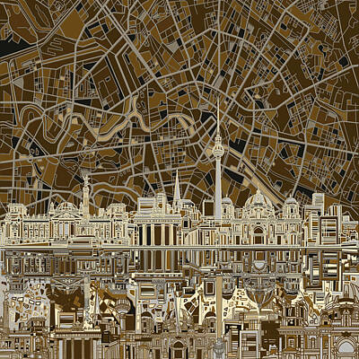Abstract Skyline Digital Art - Berlin City Skyline Abstract Brown by Bekim M