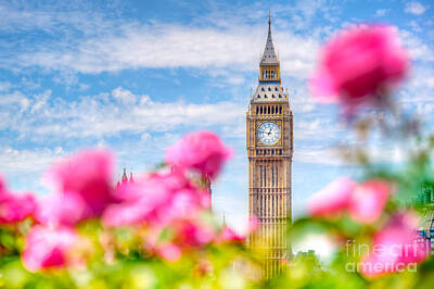 1-steampunk - Big Ben,, London UK. View from a public garden with beautiful roses flowers. by Michal Bednarek