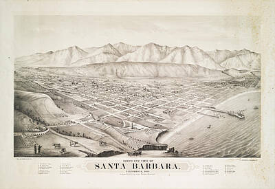Animals Photos - Birds eye view of Santa Barbara California 1877 by Ricky Barnard