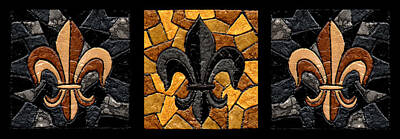 Sports Royalty-Free and Rights-Managed Images - Black and Gold Fleur de Lis Triptych by Elaine Hodges