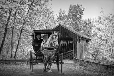 Animals Photos - Black and White of a Wooden Covered Bridge and Amish Horse and Buggy by Randall Nyhof