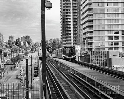 Vintage Pharmacy - Black and White of Northbound Canada Line Leaving Marine Drive Station by Joe Kunzler