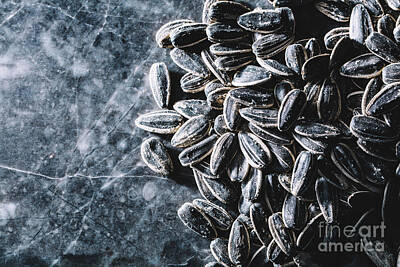 Sunflowers Photos - Black sunflower seeds on marble background by Michal Bednarek