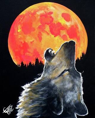 Sarah Yeoman Crow Paintings - Blood Moon Wolf by Tom Carlton