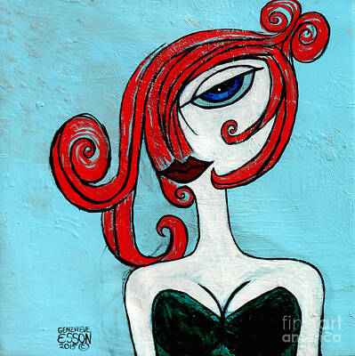 Surrealism Paintings - Blue Eyed Redhead In Green Dress by Genevieve Esson