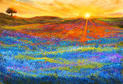 Impressionism Paintings - Bluebonnet Horizon - Bluebonnet Field Sunset by Lourry Legarde