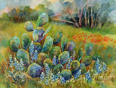 Paintings - Bluebonnets and Cactus by Hailey E Herrera