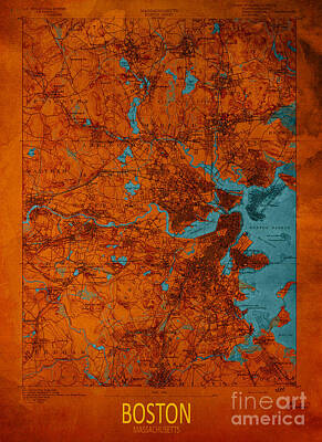 Cities Mixed Media Royalty Free Images - Boston 1893 Historical map orange and blue Royalty-Free Image by Drawspots Illustrations