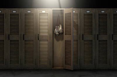 Fight Club Royalty-Free and Rights-Managed Images - Boxing Gloves In Vintage Locker by Allan Swart