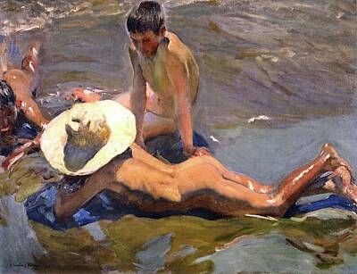 Open Impressionism Red Rock Desert - Boys on the Beach of 1908 by Juaquin Sorolla