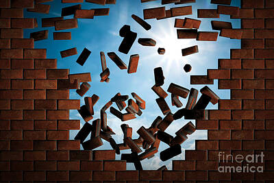 Studio Grafika Patterns - Brick wall falling down making a hole to sunny sky outside by Michal Bednarek