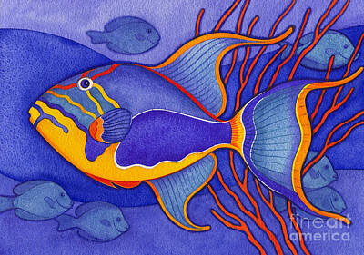 Animals Paintings - Bright Blue Triggerfish by Laura Nikiel