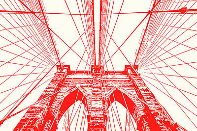 Landmarks Painting Royalty Free Images - Brooklyn Bridge - Abstract Red Royalty-Free Image by AM FineArtPrints
