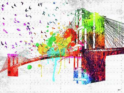 Abstract Skyline Mixed Media - Brooklyn Bridge Colored  by Daniel Janda