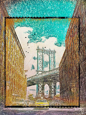Landmarks Mixed Media - Manhattan Bridge From The East Side by Bellesouth Studio