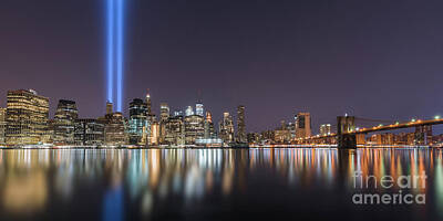 Skylines Royalty-Free and Rights-Managed Images - Brooklyn Bridge Park Tribute In Light Pano  by Michael Ver Sprill