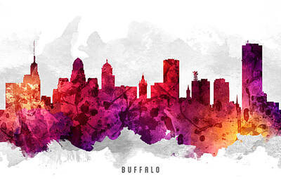 Skylines Paintings - Buffalo New York Cityscape 14 by Aged Pixel