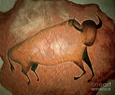 Mammals Mixed Media - Bull like cave painting - primitive art by Michal Boubin
