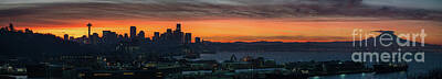 Skylines Rights Managed Images - Burning Seattle Skyline Sunrise Panorama Royalty-Free Image by Mike Reid