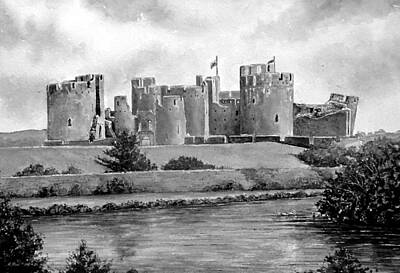 Fantasy Drawings - Caerphilly Castle bw by Andrew Read