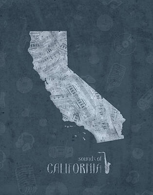Jazz Digital Art - California Map Music Notes 4 by Bekim M