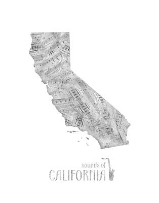 Rock And Roll Royalty-Free and Rights-Managed Images - California Map Music Notes by Bekim M