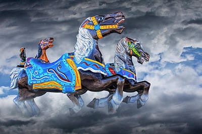 Animals Photos - Carousel Horses galloping in the Clouds by Randall Nyhof