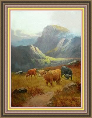 Vintage Aston Martin - Cattle Grazing On A Mountain Slope. P B With Alternative Decorative Ornate Printed Frame. by Gert J Rheeders